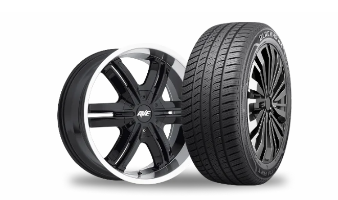 Black performance tire paired with black and machined alloy wheels