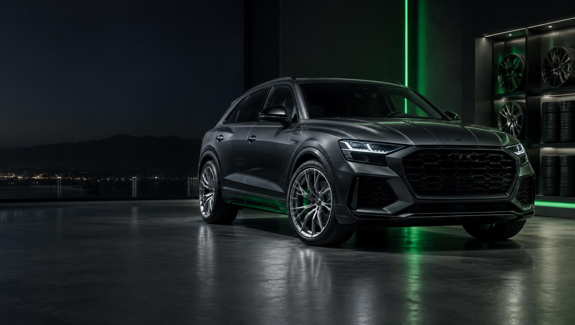 Graphite performance SUV with premium wheels in a modern showroom